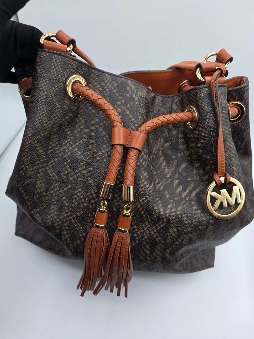 Michael Kors Marina Large Signature MK PVC Drawstring Tote Shoulder Bag Brown